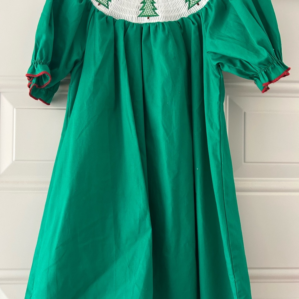 Green Smocked Holiday Dress with Tree Embroidery